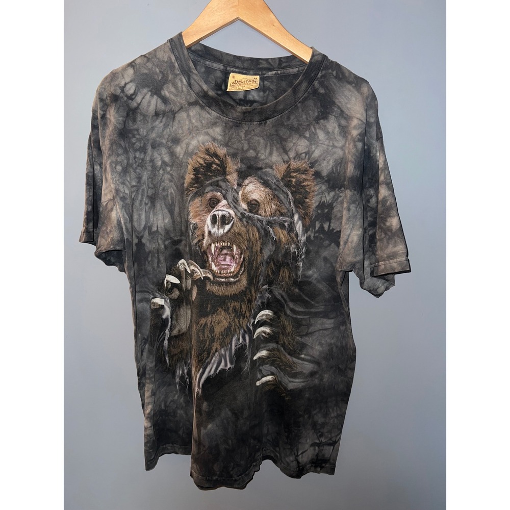 The Mountain Grizzly Bear Ripping Through Tie Dye Graphic T-Shirt Charcoal Grey - Picture 1 of 5